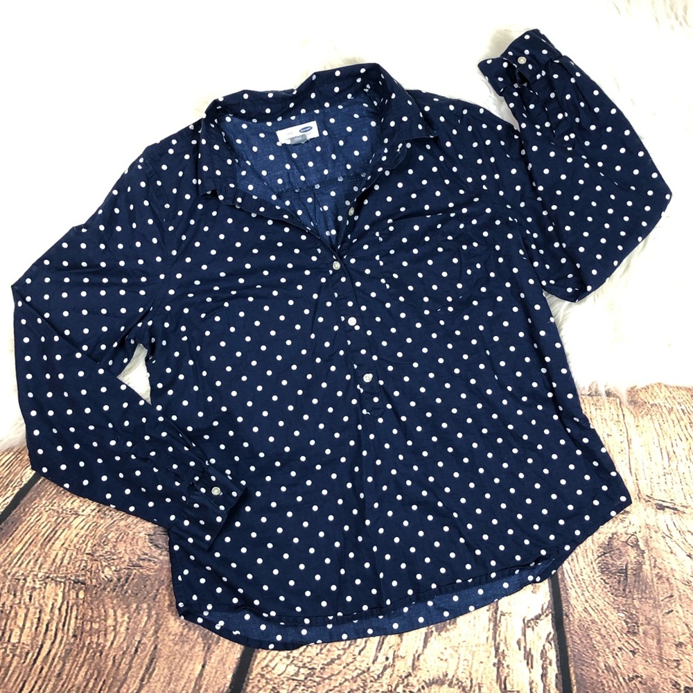Navy Blue 100% Cotton Polka Dot Half Button Blouse
